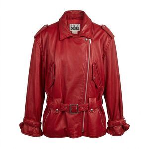 Pelle Cuir Red Leather Moto Jacket Made in Canada Vintage 90s Oversized Belted M